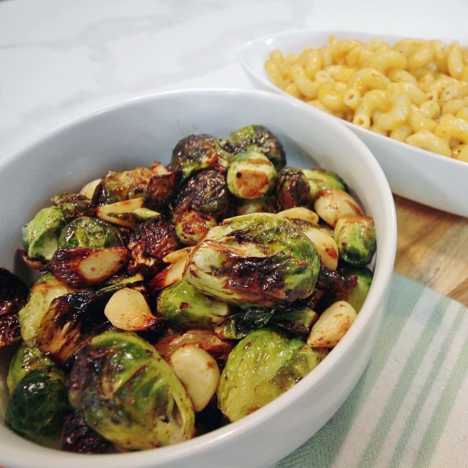Vegan Mac and Cheese and Brussels